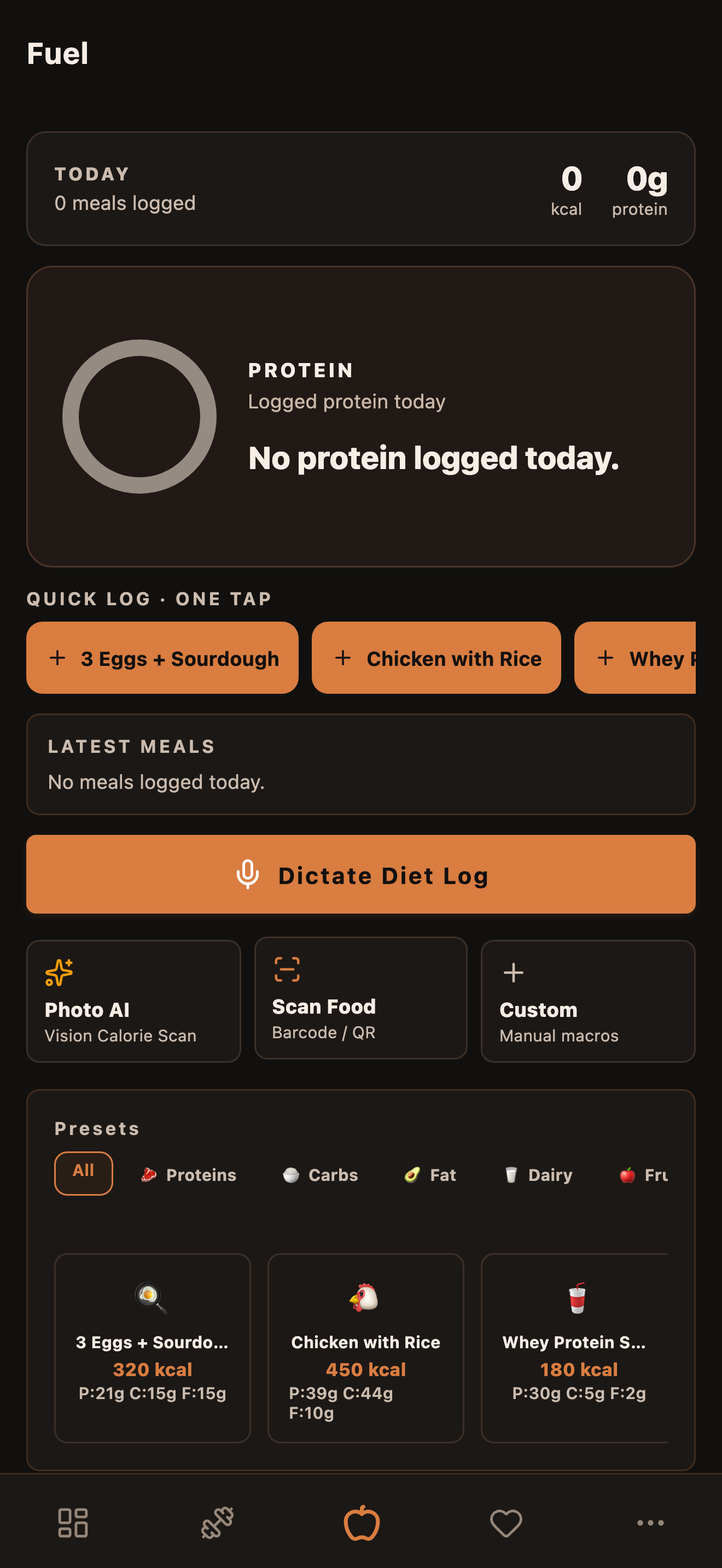 Fuel screen with an empty meal log and voice, photo, barcode and manual logging actions