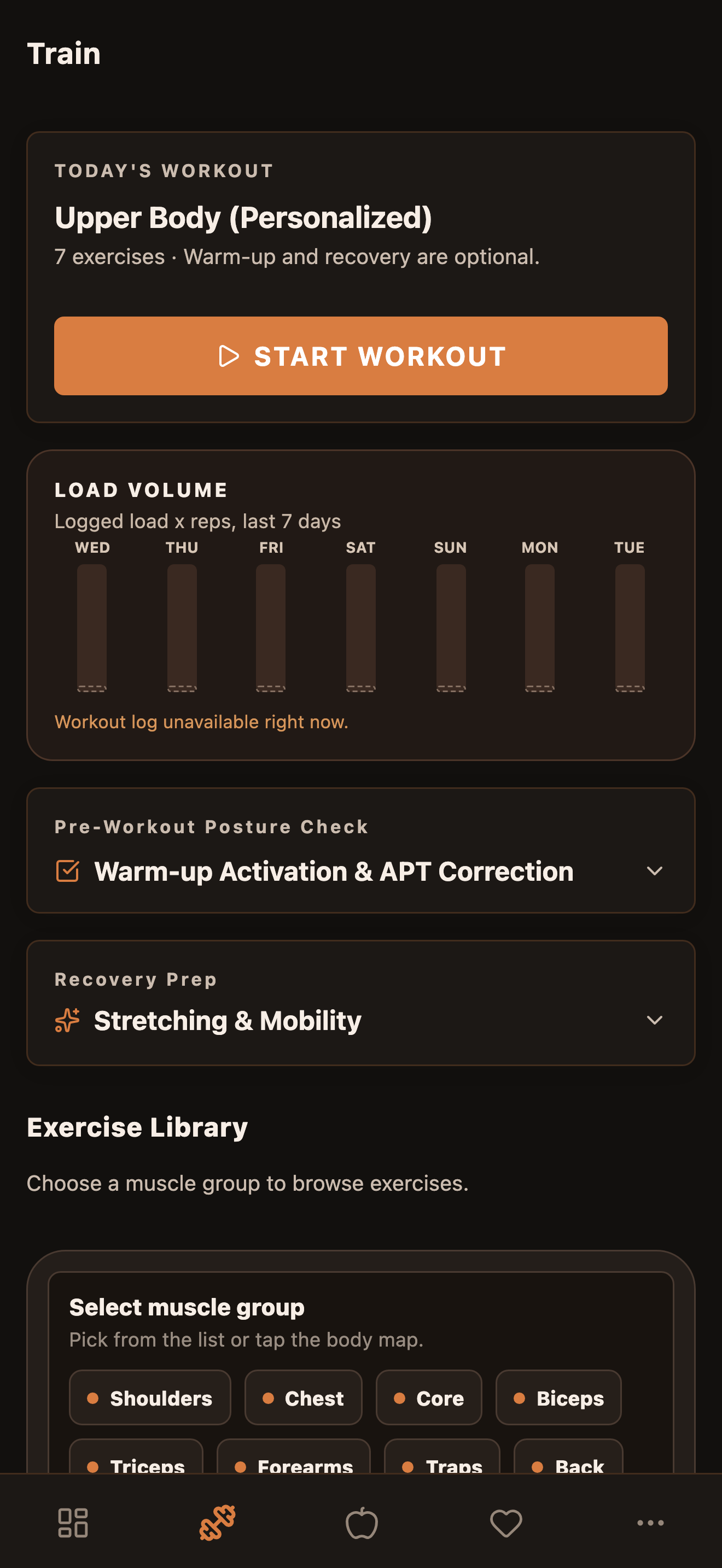 Train screen with the scheduled workout, posture check, recovery preparation and exercise library