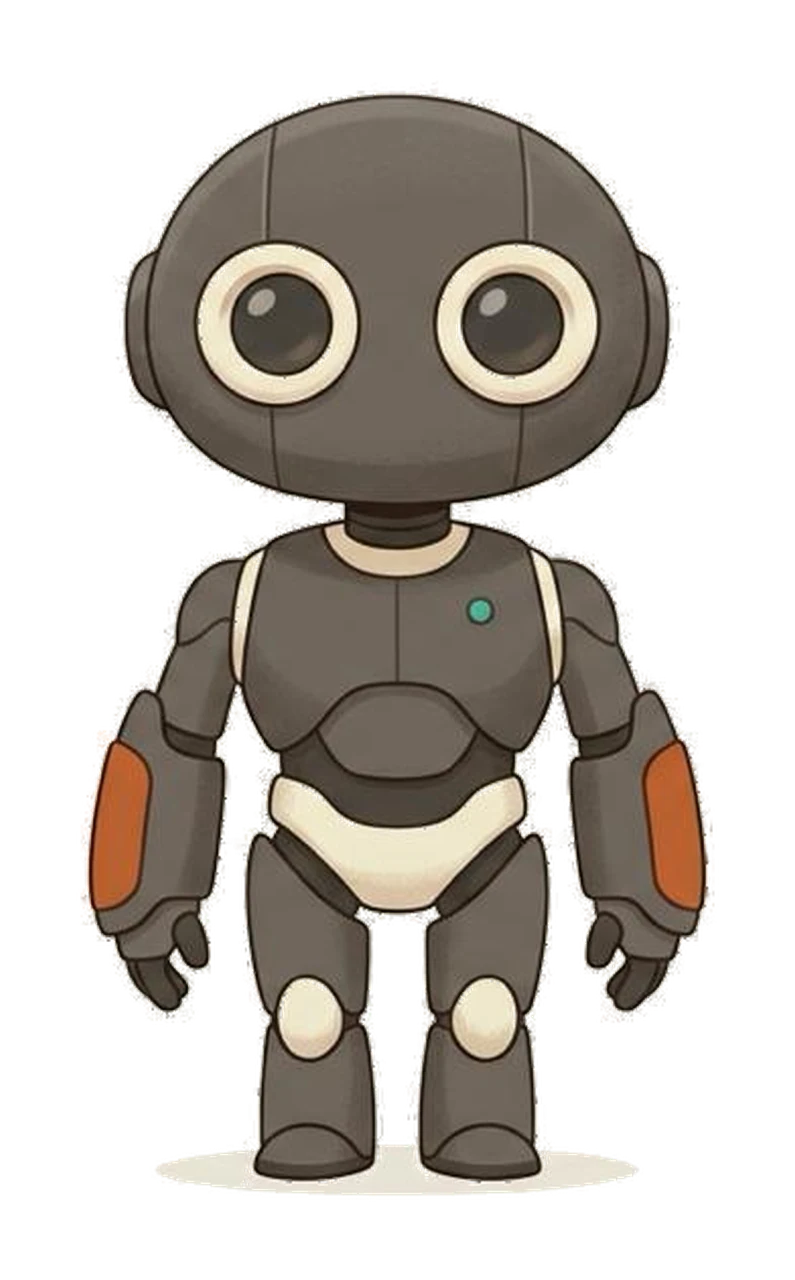 LOCK mascot, front view, full body, graphite robot with cream eyes and orange forearm panels