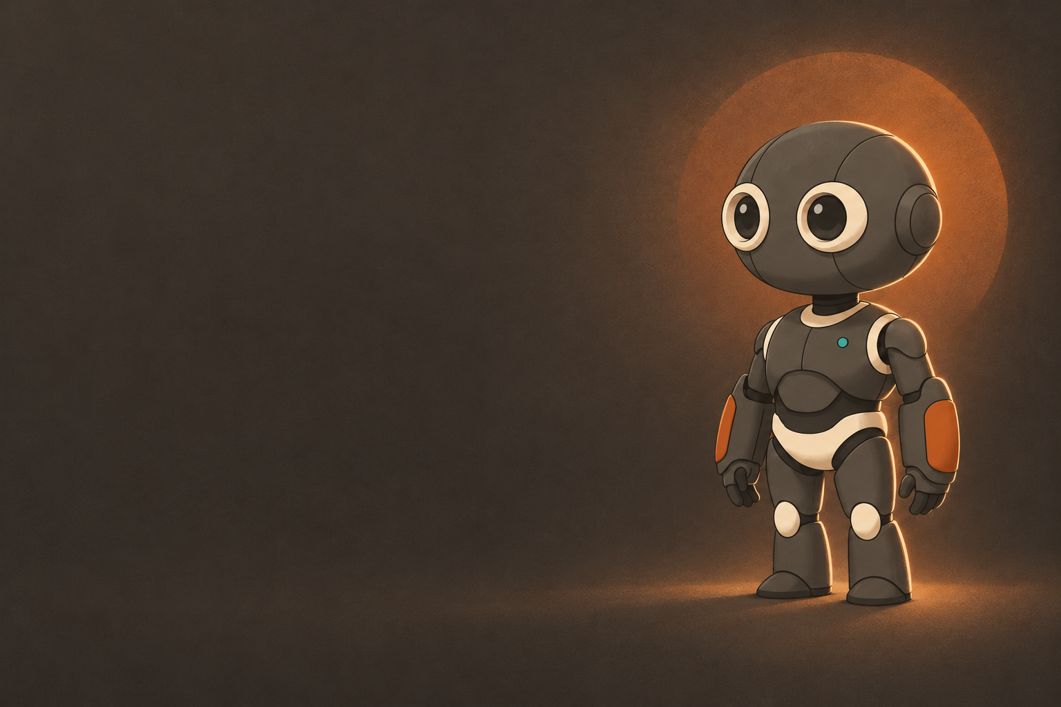 LOCK, the graphite robot mascot with cream eyes and orange forearm panels