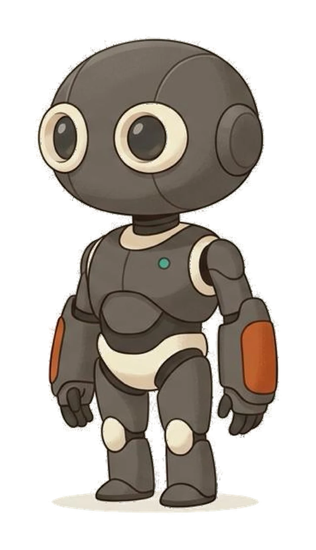 LOCK, the graphite robot mascot with cream eyes and orange forearm panels, three-quarter view, full body
