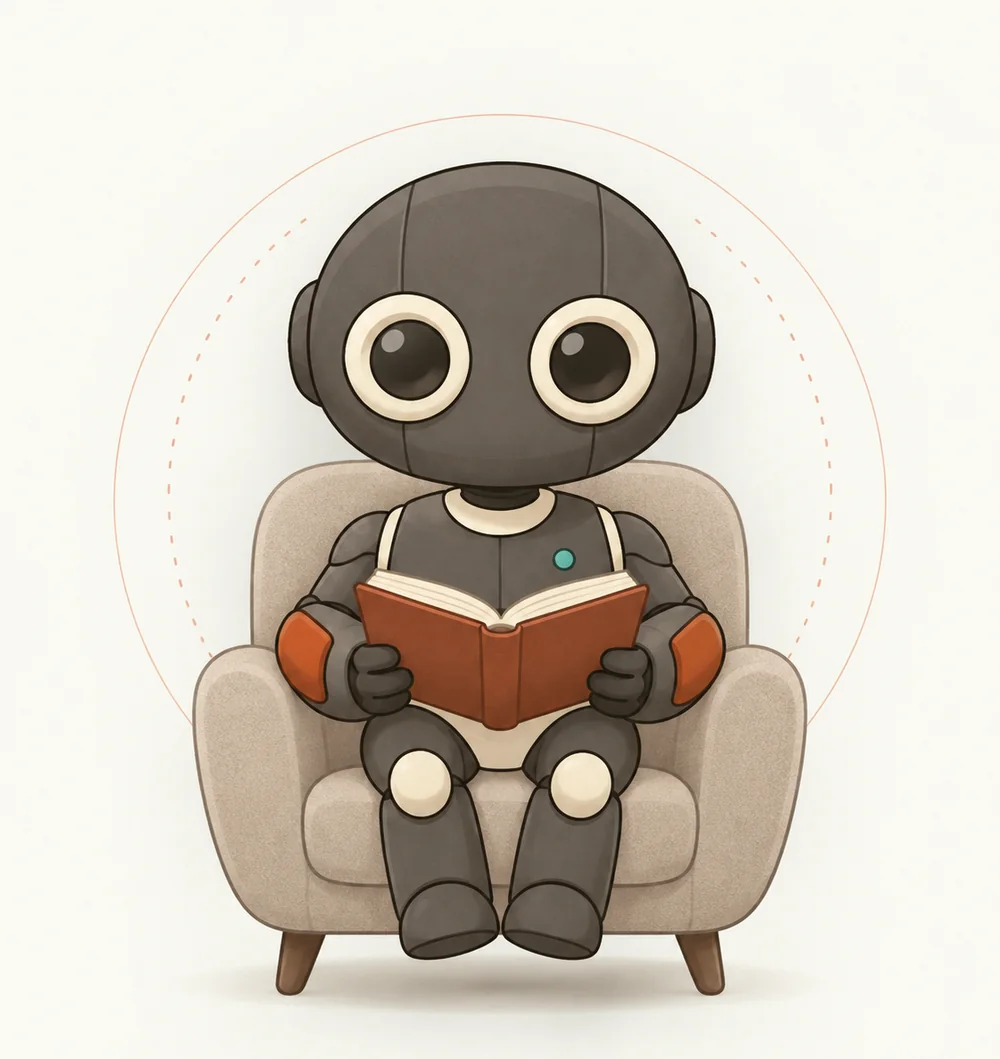 LOCK reading an open book in a beige armchair, inside an orange focus ring