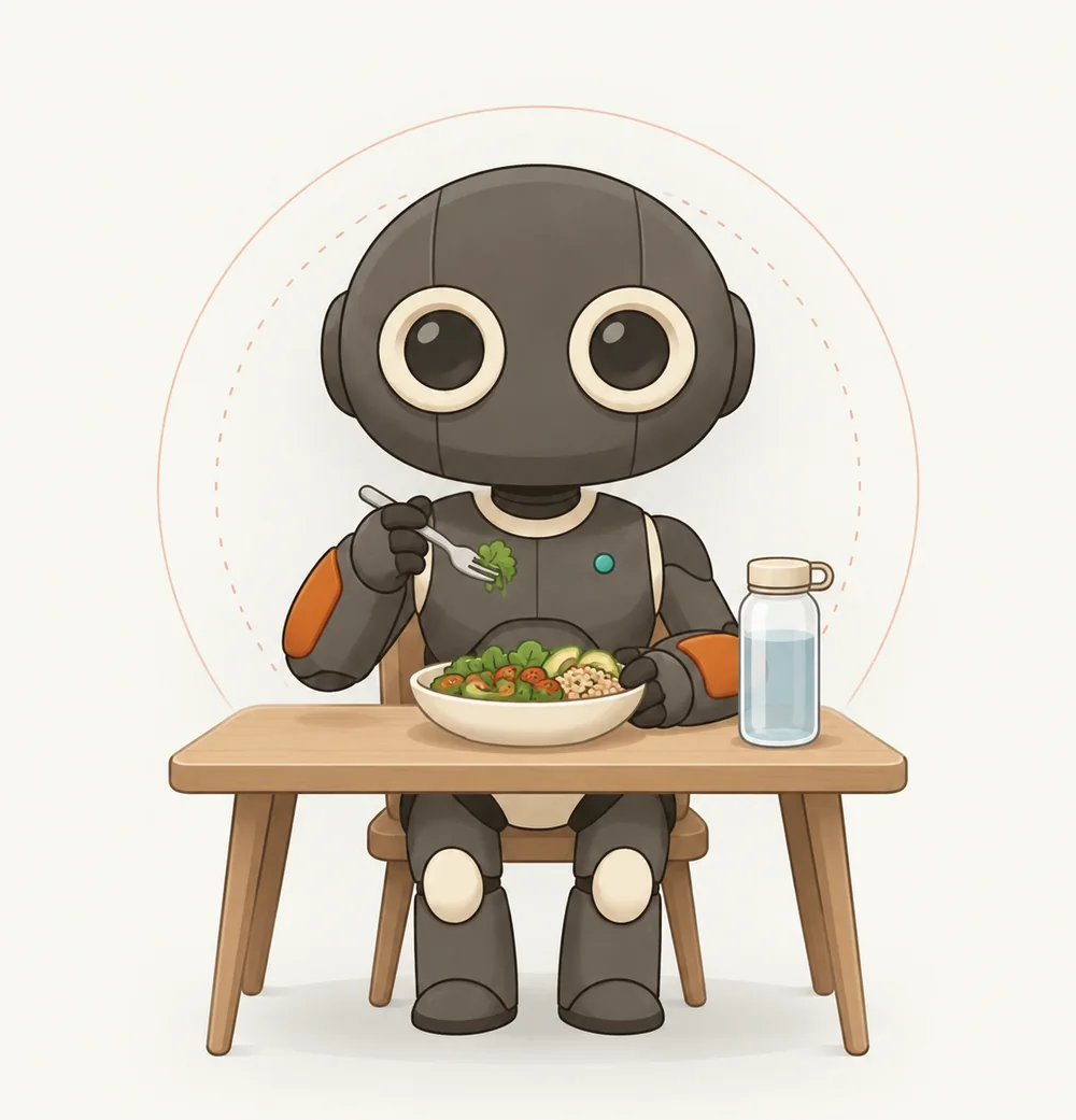 LOCK eating a salad at a wooden table with a glass of water